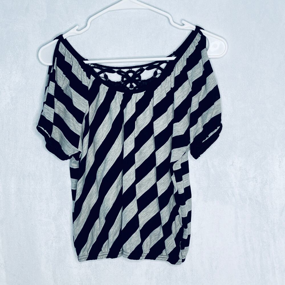 Almost Famous Black Gray Striped Lace Shirt S